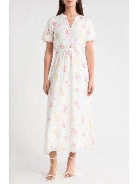 Vince Camuto Floral Split Neck Maxi Dress Lemon Cream Floral Party Size PM NWOT
